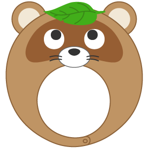 頭に葉っぱをのせたタヌキの被り物（丸顔用・サムネ）